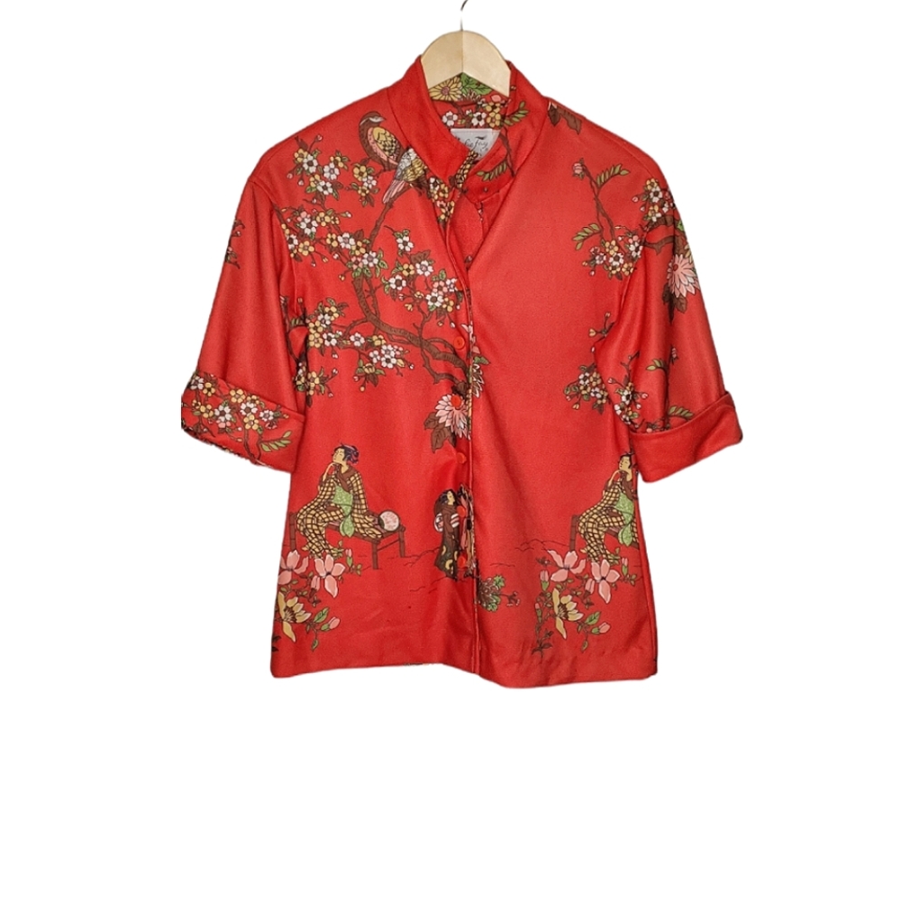 Vintage Red Spring Asian Retro Printed Short Sleeve Top with Birds and Flowers